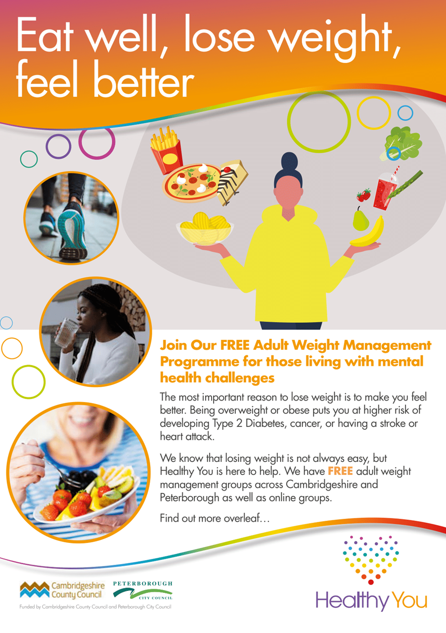 Eat Well, lose weight, feel better A poster promoting weight management services for patients with mental health challenges
