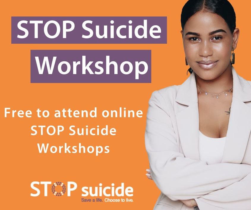 Stop Suicide Promotion, free to attend workshops. Woman with arms folded. 